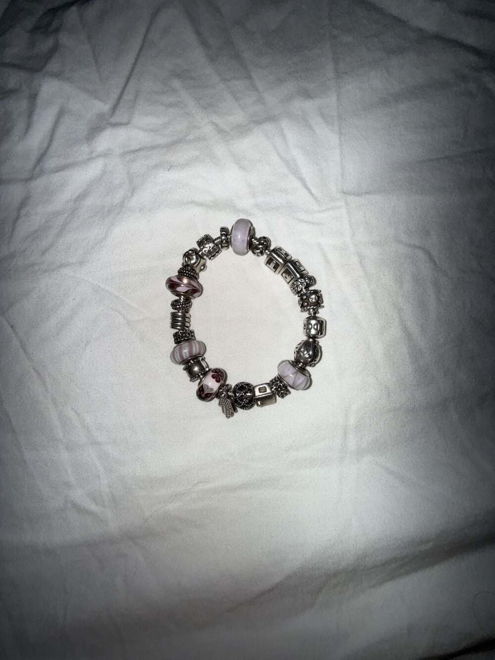 Pandora Sterling Silver Charm Bracelet with Assorted Retired Glass Metal Charms